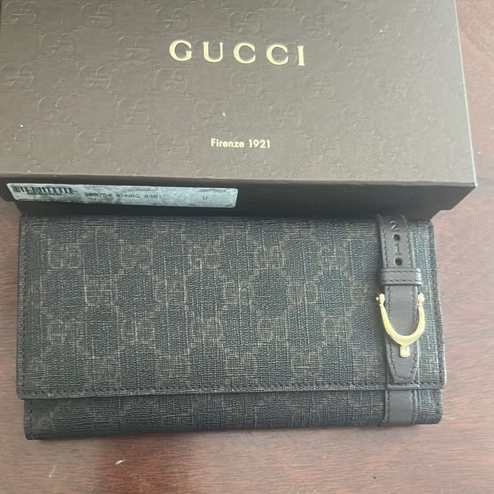 Gucci Black Monogram Wallet with Gold Buckle